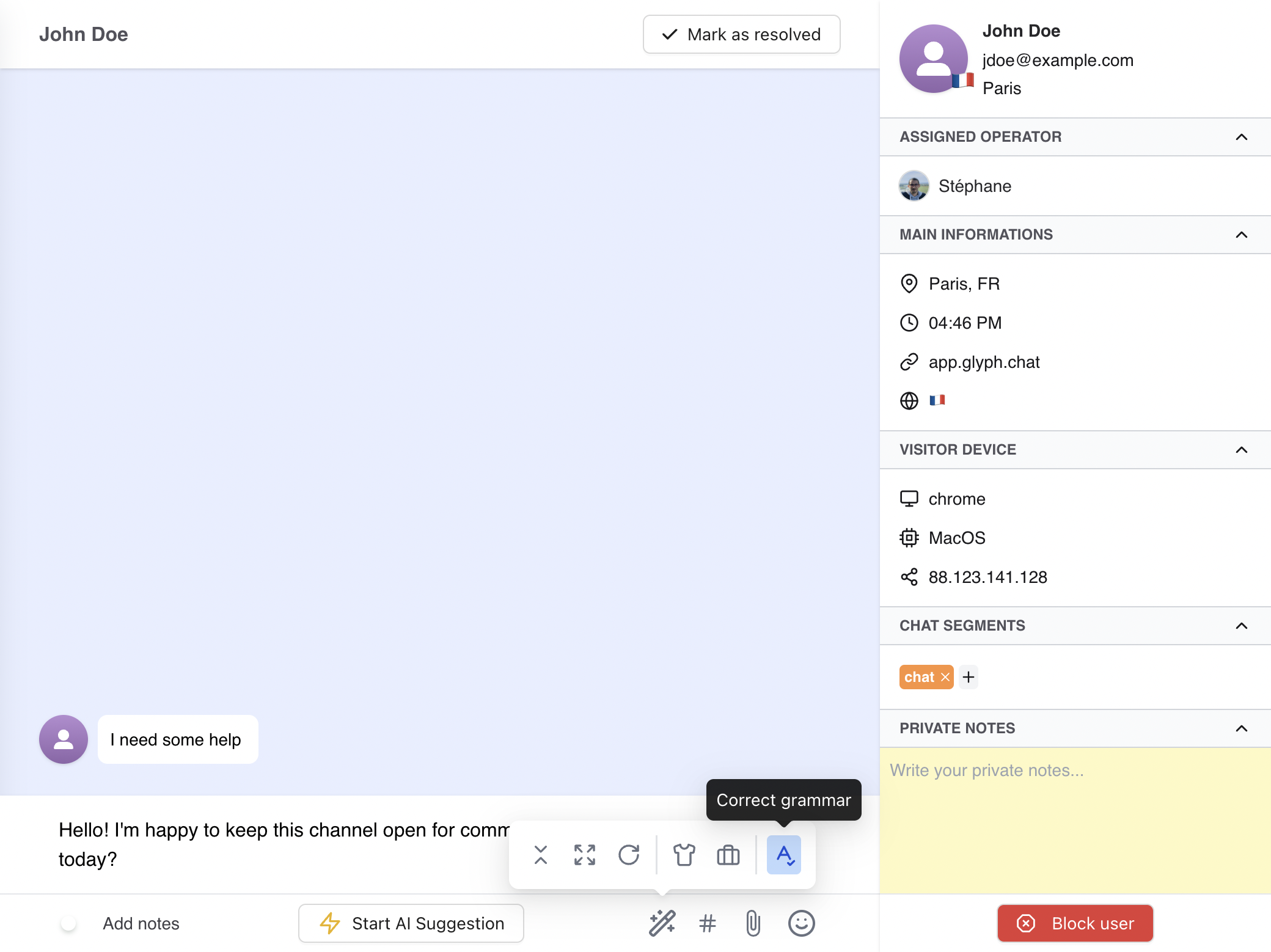 Sugestões de respostas do Glyph AI